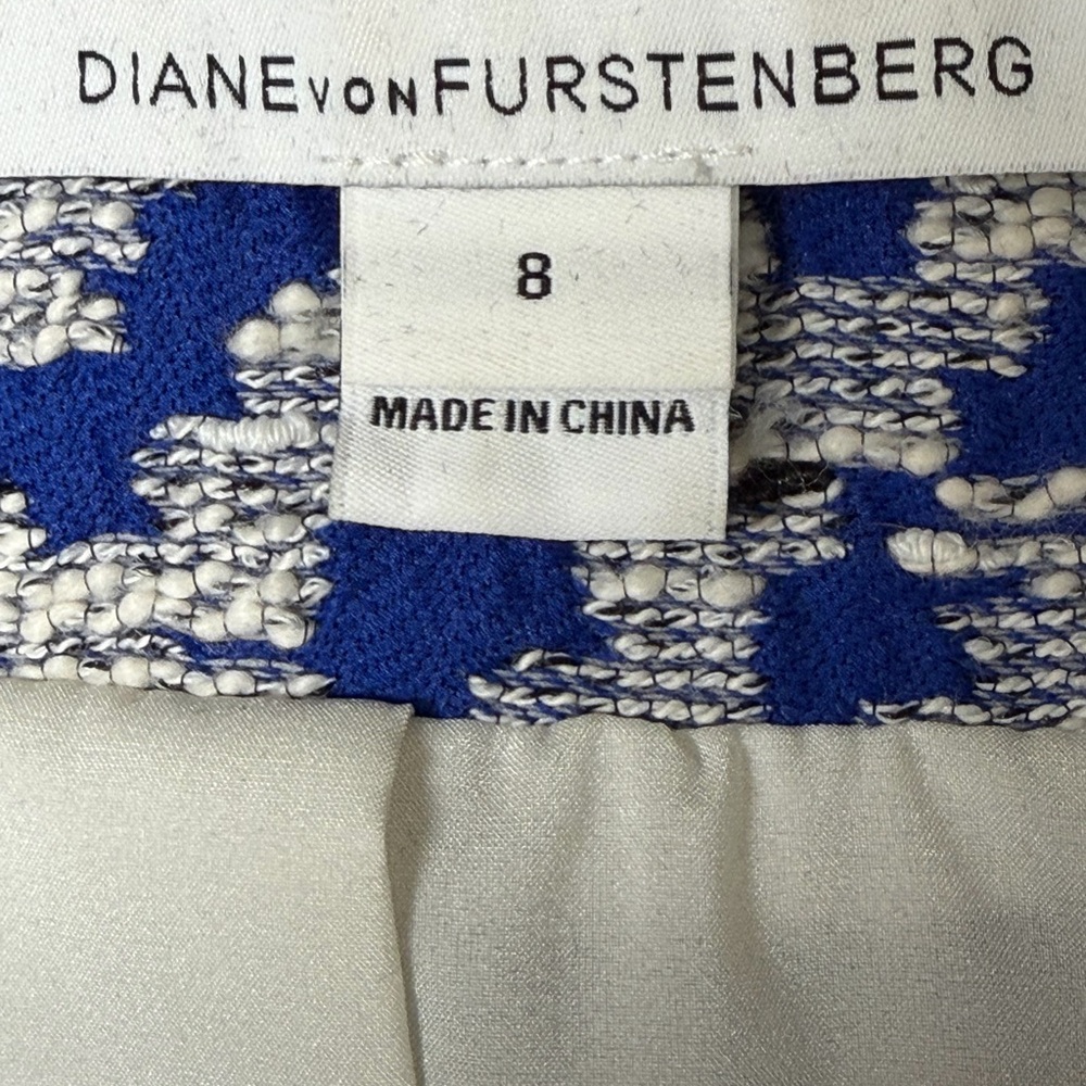 Diane Von Furstenberg Blue and White Leather Trim Jacket Size 8 Women’s Blazer - Picture 9 of 14